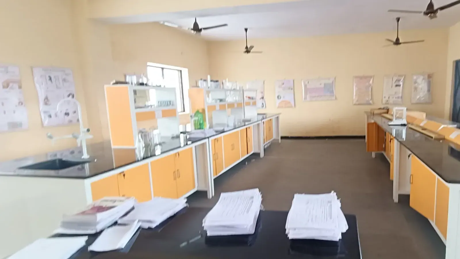 Science laboratory with work benches and sinks